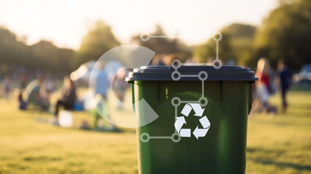 Intra Συλλεκτικό Ξύλινο Παζλ Plywood  4mm - Πράσινος κάδος ανακύκλωσης σε ανοιχτό χωράφι με ανθρώπους να κάθονται τριγύρω Σε Ξύλινο Κουτί - Διαστάσεις Puzzle: 10x10 cm – 25 κομμάτια