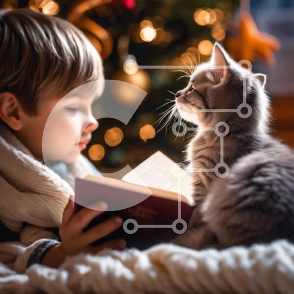 Intra Συλλεκτικό Ξύλινο Παζλ Plywood  4mm - Αγόρι και γάτα που διαβάζουν μαζί μπροστά από ένα χριστουγεννιάτικο δέντρο Σε Ξύλινο Κουτί - Διαστάσεις Puzzle: 10x10 cm – 25 κομμάτια