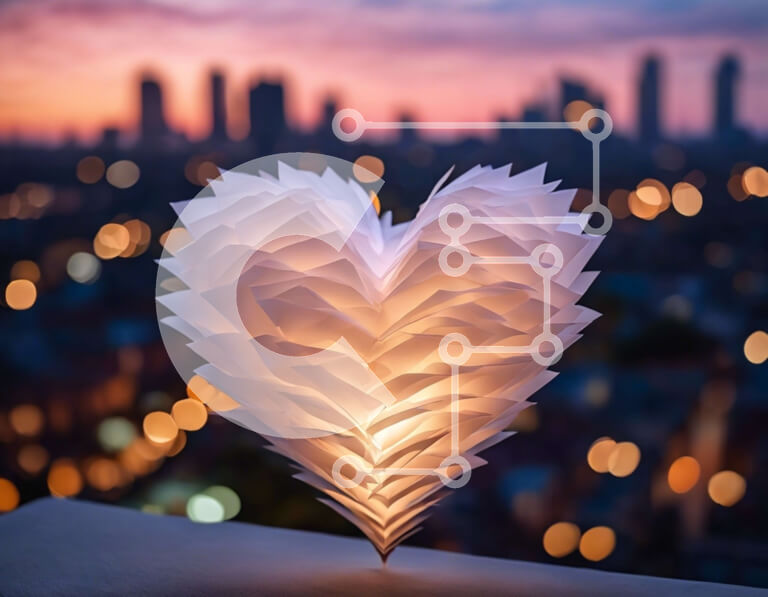 Intra Συλλεκτικό Ξύλινο Παζλ Plywood  4mm - Χάρτινο φανάρι σε σχήμα καρδιάς στον ορίζοντα της πόλης τη νύχτα Σε Ξύλινο Κουτί - Διαστάσεις Puzzle: 10x10 cm – 25 κομμάτια