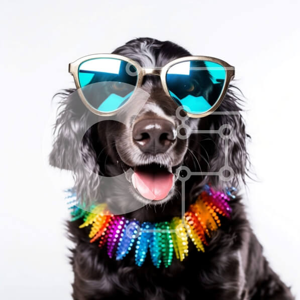 Intra Συλλεκτικό Ξύλινο Παζλ Plywood  4mm - Πολύχρωμα αξεσουάρ για σκύλους: Happy Black Dog με γυαλιά ηλίου και κολάρο ουράνιο τόξο Σε Ξύλινο Κουτί - Διαστάσεις: 10x10 cm – 25 κομμάτια