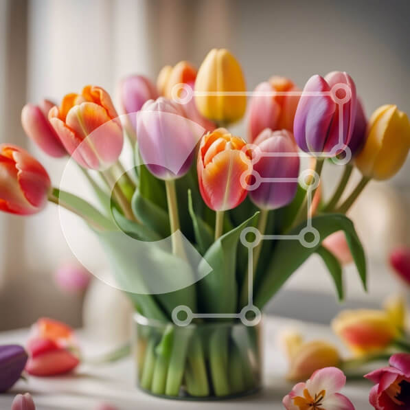 Intra Συλλεκτικό Ξύλινο Παζλ Plywood  4mm - Όμορφη εικόνα με πολύχρωμες τουλίπες σε βάζο με θέα στον κήπο Σε Ξύλινο Κουτί - Διαστάσεις: 10x10 cm – 25 κομμάτια