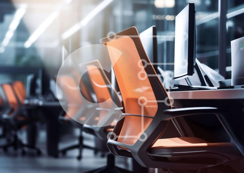 Intra Συλλεκτικό Ξύλινο Παζλ Plywood  4mm - Σύγχρονος χώρος εργασίας γραφείου με πορτοκαλί καρέκλες και οθόνες υπολογιστών Σε Ξύλινο Κουτί - Διαστάσεις Puzzle: 10x10 cm – 25 κομμάτια