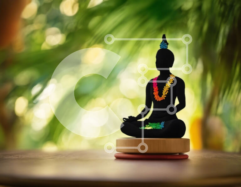 Intra Συλλεκτικό Ξύλινο Παζλ Plywood  4mm - Μαύρο βουδιστικό άγαλμα σε πόζα διαλογισμού με πράσινο φύλλωμα Σε Ξύλινο Κουτί - Διαστάσεις Puzzle: 10x10 cm – 25 κομμάτια