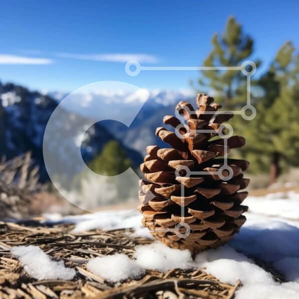 Intra Συλλεκτικό Ξύλινο Παζλ Plywood  4mm - Κουκουνάρι σε χιονισμένο έδαφος με βουνά στο φόντο Σε Ξύλινο Κουτί - Διαστάσεις: 10x10 cm – 25 κομμάτια