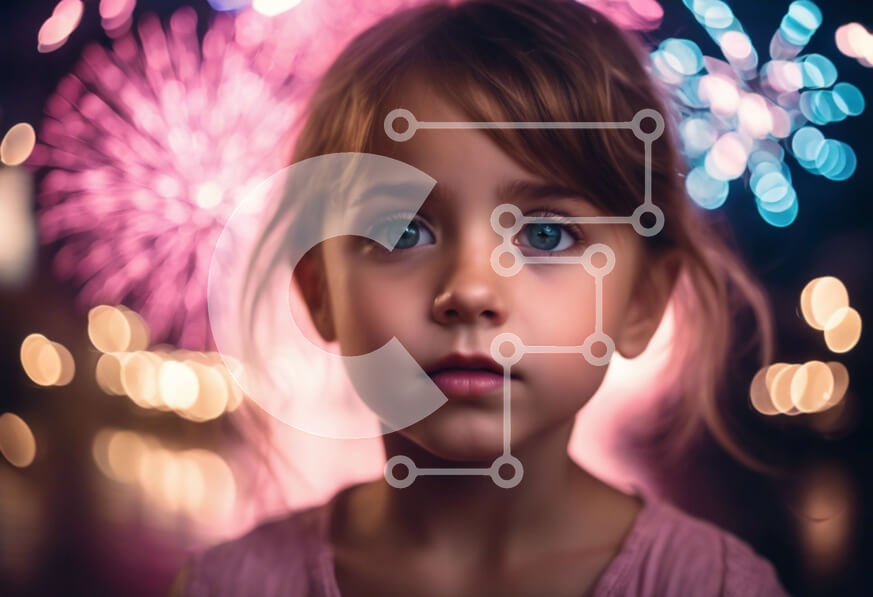 Intra Συλλεκτικό Ξύλινο Παζλ Plywood  4mm - Νεαρό κορίτσι κοιτάζει την κάμερα με ορθάνοιχτα μάτια μπροστά από πυροτεχνήματα Σε Ξύλινο Κουτί - Διαστάσεις Puzzle: 10x10 cm – 25 κομμάτια