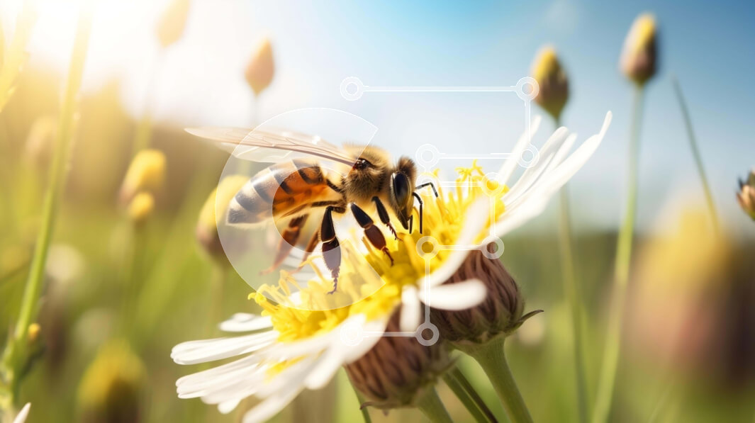 Intra Συλλεκτικό Ξύλινο Παζλ Plywood  4mm - Μέλισσα στο λουλούδι με φόντο μαργαρίτες, ηλίανθους και νάρκισσους Σε Ξύλινο Κουτί - Διαστάσεις: 10x10 cm – 25 κομμάτια