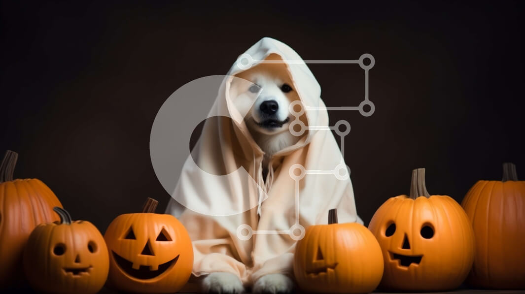 Intra Συλλεκτικό Ξύλινο Παζλ Plywood  4mm - Ευτυχισμένος σκύλος με κοστούμι φαντασμάτων που περιβάλλεται από κολοκύθες Σε Ξύλινο Κουτί - Διαστάσεις Puzzle: 10x10 cm – 25 κομμάτια