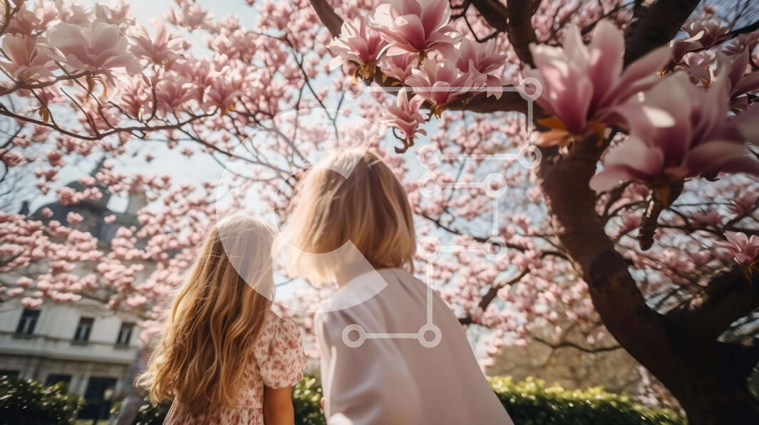 Intra Συλλεκτικό Ξύλινο Παζλ Plywood  4mm - Δύο νεαρά κορίτσια που περπατούν κάτω από ένα ανθισμένο δέντρο μανόλιας Σε Ξύλινο Κουτί - Διαστάσεις: 10x10 cm – 25 κομμάτια