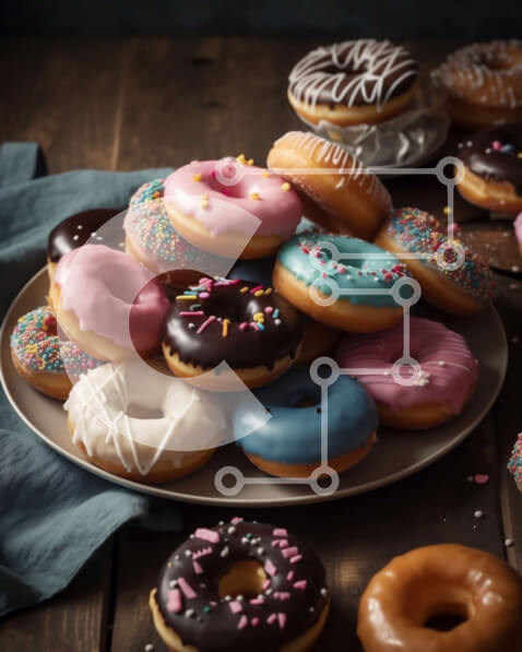 Σετ των 2 Intra Συλλεκτικό Ξύλινο Παζλ Plywood  4mm - Νόστιμα ντόνατς με πολύχρωμα πασπαλίσματα σε ξύλινο τραπέζι Σε Ξύλινο Κουτί - Διαστάσεις: 10x10 cm – 25 κομμάτια