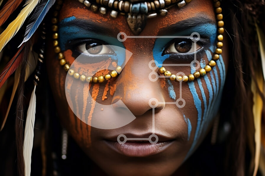 Intra Συλλεκτικό Ξύλινο Παζλ Plywood  4mm - Εκπληκτική εικόνα μιας γυναίκας με πολύχρωμη μπογιά προσώπου και φτερά στα μαλλιά της Σε Ξύλινο Κουτί - Διαστάσεις Puzzle: 10x10 cm – 25 κομμάτια