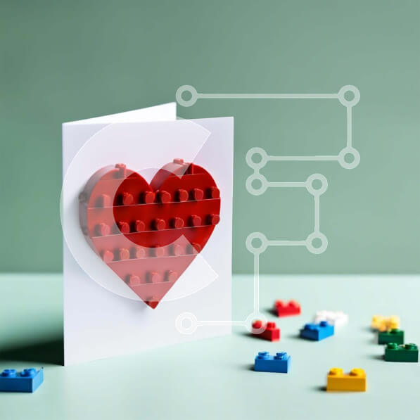 Intra Συλλεκτικό Ξύλινο Παζλ Plywood  4mm - Κάρτα με καρδιά Lego στο τραπέζι με χρωματιστά μπλοκ Σε Ξύλινο Κουτί - Διαστάσεις: 10x10 cm – 25 κομμάτια