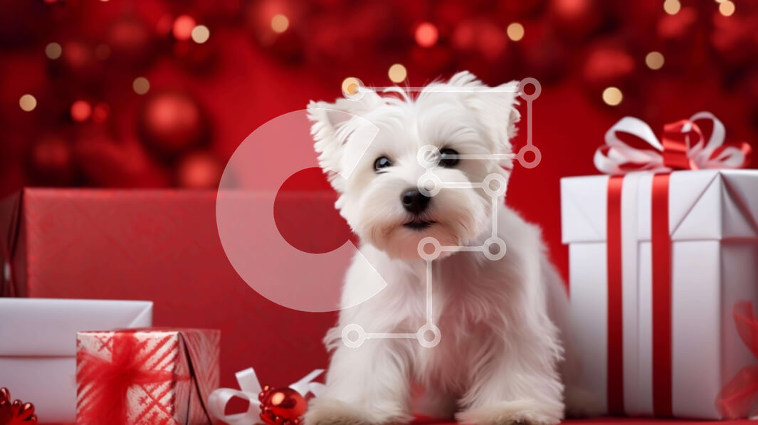 Intra Συλλεκτικό Ξύλινο Παζλ Plywood  4mm - Εορταστικό λευκό σκυλί με κόκκινα δώρα και διακοσμήσεις Σε Ξύλινο Κουτί - Διαστάσεις: 10x10 cm – 25 κομμάτια