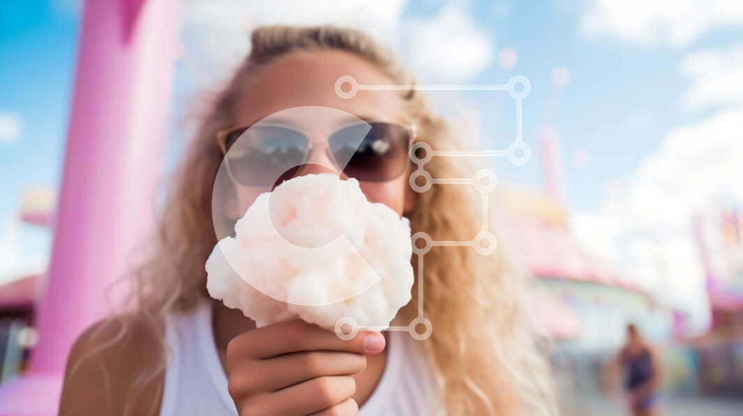 Intra Συλλεκτικό Ξύλινο Παζλ Plywood  4mm - Νεαρό κορίτσι που τρώει μαλλί της γριάς σε ένα λούνα παρκ ή καρναβάλι Σε Ξύλινο Κουτί - Διαστάσεις Puzzle: 10x10 cm – 25 κομμάτια