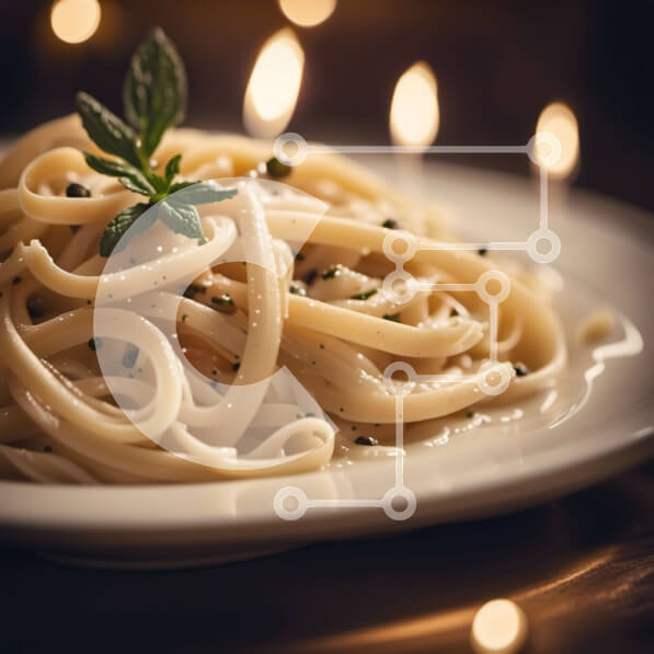 Σετ των 2 Intra Συλλεκτικό Ξύλινο Παζλ Plywood  4mm - Καταπληκτική εικόνα με μακαρόνια με μαϊντανό σε λευκό τραπεζομάντιλο Σε Ξύλινο Κουτί - Διαστάσεις: 10x10 cm – 25 κομμάτια