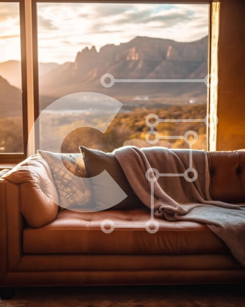 Intra Συλλεκτικό Ξύλινο Παζλ Plywood  4mm - Άνετος καφές δερμάτινος καναπές με θέα σε μια οροσειρά Σε Ξύλινο Κουτί - Διαστάσεις Puzzle: 10x10 cm – 25 κομμάτια