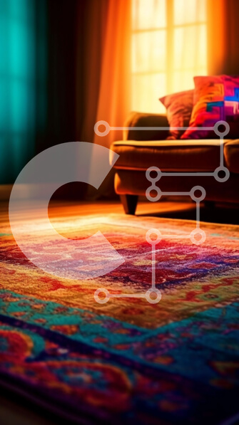 Intra Συλλεκτικό Ξύλινο Παζλ Plywood  4mm - Φωτεινό και πολύχρωμο σαλόνι με χαλί με μοτίβο λουλουδιών και κόκκινο καναπέ Σε Ξύλινο Κουτί - Διαστάσεις Puzzle: 10x10 cm – 25 κομμάτια