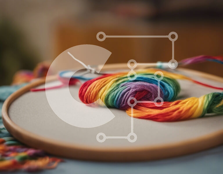 Intra Συλλεκτικό Ξύλινο Παζλ Plywood  4mm - Νήματα σε χρώμα ουράνιου τόξου σε κρίκο κεντήματος Σε Ξύλινο Κουτί - Διαστάσεις Puzzle: 10x10 cm – 25 κομμάτια