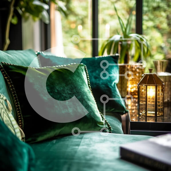 Intra Συλλεκτικό Ξύλινο Παζλ Plywood  4mm - Μοντέρνο και άνετο σαλόνι με πράσινο βελούδινο καναπέ και φυτά Σε Ξύλινο Κουτί - Διαστάσεις Puzzle: 10x10 cm – 25 κομμάτια