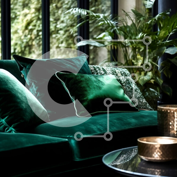 Intra Συλλεκτικό Ξύλινο Παζλ Plywood  4mm - Πράσινος βελούδινος καναπές μπροστά από ένα μεγάλο παράθυρο με θέα σε έναν καταπράσινο κήπο Σε Ξύλινο Κουτί - Διαστάσεις Puzzle: 10x10 cm – 25 κομμάτια