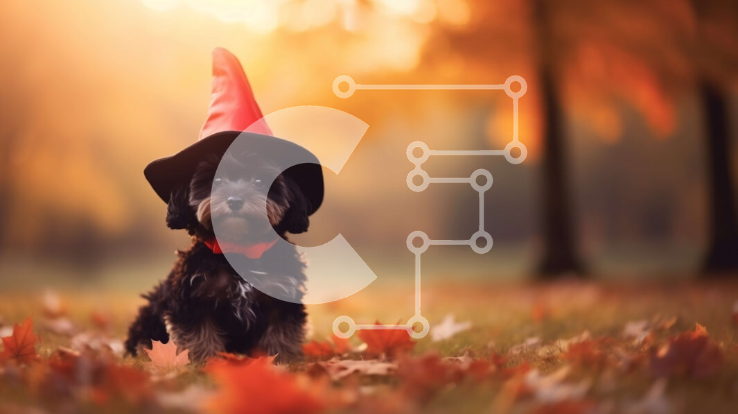 Intra Συλλεκτικό Ξύλινο Παζλ Plywood  4mm - Σκύλος στα φθινοπωρινά φύλλα με το καπέλο της μάγισσας Σε Ξύλινο Κουτί - Διαστάσεις Puzzle: 10x10 cm – 25 κομμάτια