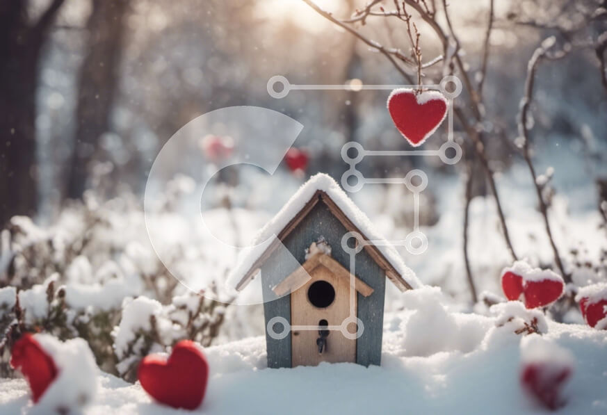 Intra Συλλεκτικό Ξύλινο Παζλ Plywood  4mm - Birdhouse στο χιόνι με κόκκινες καρδιές Σε Ξύλινο Κουτί - Διαστάσεις Puzzle: 10x10 cm – 25 κομμάτια