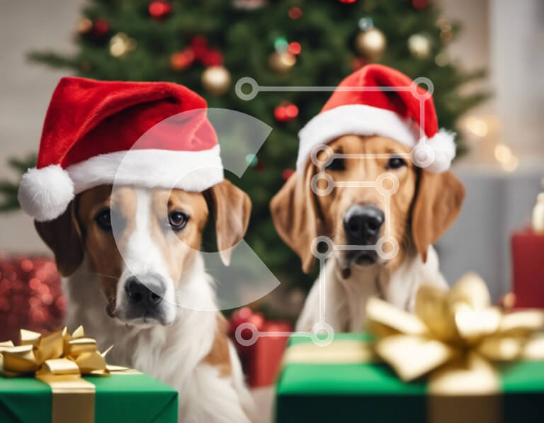 Intra Συλλεκτικό Ξύλινο Παζλ Plywood  4mm - Δύο σκυλιά με καπέλα Άγιου Βασίλη με χριστουγεννιάτικο δέντρο και δώρα Σε Ξύλινο Κουτί - Διαστάσεις: 10x10 cm – 25 κομμάτια