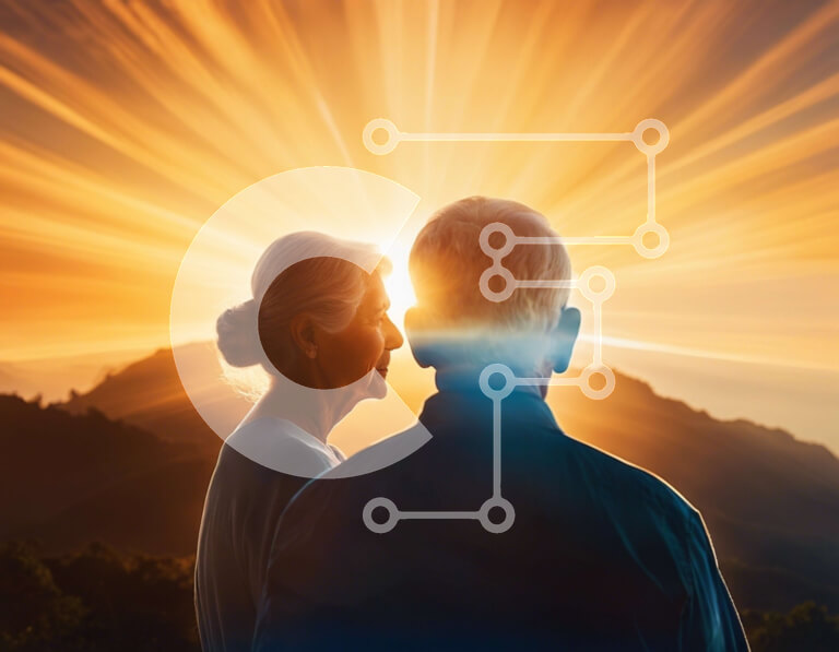 Intra Συλλεκτικό Ξύλινο Παζλ Plywood  4mm - Σιλουέτα του ηλικιωμένου ζευγαριού που παρακολουθεί την ανατολή του ηλίου πάνω από τα βουνά Σε Ξύλινο Κουτί - Διαστάσεις Puzzle: 10x10 cm – 25 κομμάτια