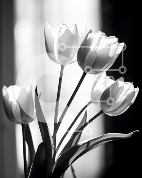 Intra Συλλεκτικό Ξύλινο Παζλ Plywood  4mm - Πέντε λευκές τουλίπες σε ασπρόμαυρο βάζο από Ανοιχτό παράθυρο Σε Ξύλινο Κουτί - Διαστάσεις: 10x10 cm – 25 κομμάτια