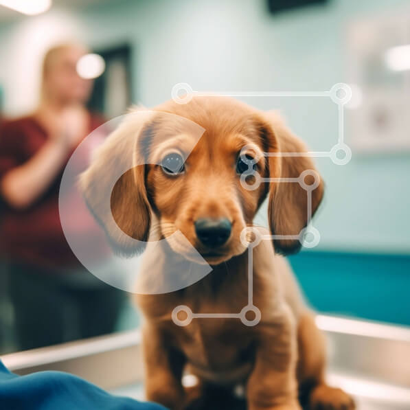 Intra Συλλεκτικό Ξύλινο Παζλ Plywood  4mm - Χαριτωμένο κουτάβι Dachshund που κάθεται σε μεταλλικό τραπέζι στην κτηνιατρική κλινική Σε Ξύλινο Κουτί - Διαστάσεις: 10x10 cm – 25 κομμάτια