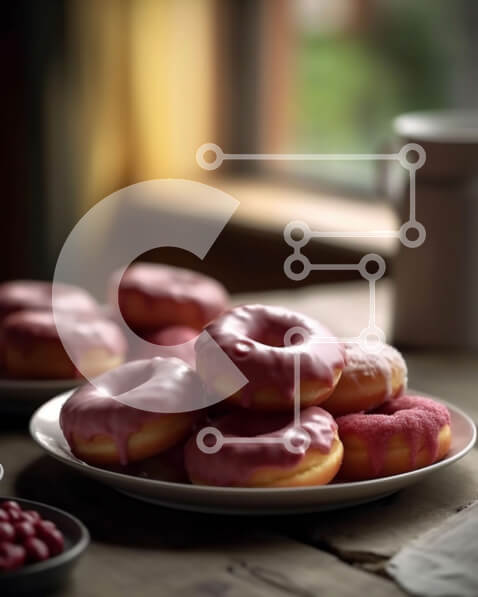 Σετ των 2 Intra Συλλεκτικό Ξύλινο Παζλ Plywood  4mm - Νόστιμα ροζ γλασέ ντόνατς με ψεκαστήρες σε ξύλινο τραπέζι με θέα στον ορίζοντα της πόλης Σε Ξύλινο Κουτί - Διαστάσεις: 10x10 cm – 25 κομμάτια