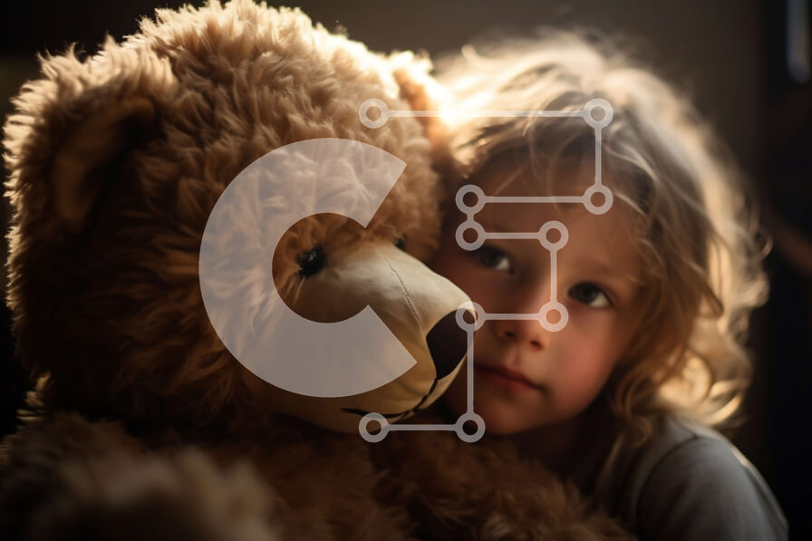 Intra Συλλεκτικό Ξύλινο Παζλ Plywood  4mm - Νεαρό κορίτσι αγκαλιάζει το αρκουδάκι με λυπημένη έκφραση Σε Ξύλινο Κουτί - Διαστάσεις Puzzle: 10x10 cm – 25 κομμάτια