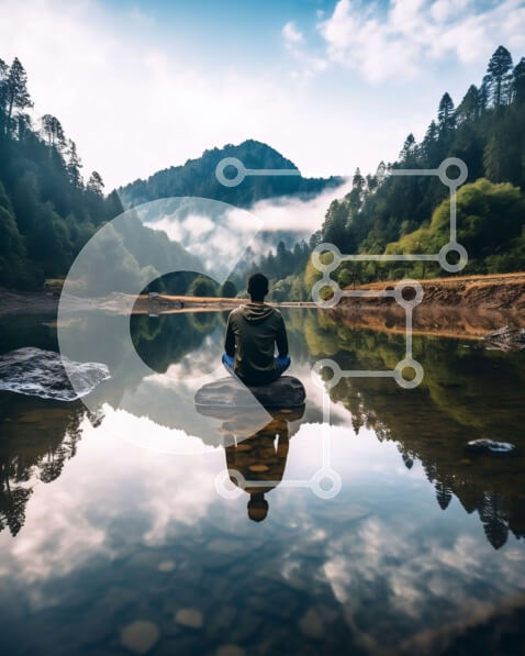 Intra Συλλεκτικό Ξύλινο Παζλ Plywood  4mm - Όμορφο τοπίο ενός ατόμου που κάθεται σε έναν βράχο στη μέση ενός ποταμού με βουνά στο φόντο Σε Ξύλινο Κουτί - Διαστάσεις: 10x10 cm – 25 κομμάτια