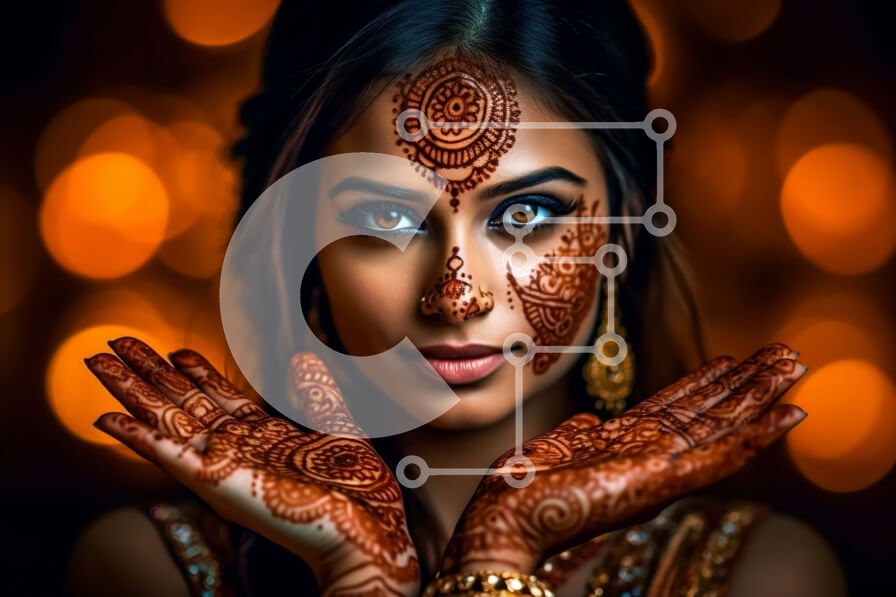 Intra Συλλεκτικό Ξύλινο Παζλ Plywood  4mm - Όμορφη γυναίκα που φοράει παραδοσιακά ινδικά ρούχα με τατουάζ Henna Σε Ξύλινο Κουτί - Διαστάσεις Puzzle: 10x10 cm – 25 κομμάτια