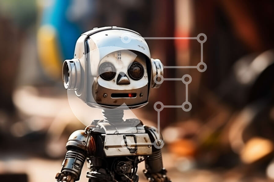 Intra Συλλεκτικό Ξύλινο Παζλ Plywood  4mm - Φουτουριστική εικόνα ενός ρομπότ με ακουστικά που στέκονται σε έναν χωματόδρομο Σε Ξύλινο Κουτί - Διαστάσεις Puzzle: 10x10 cm – 25 κομμάτια