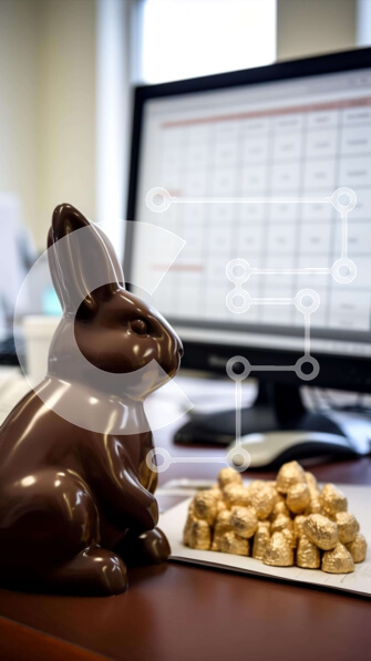 Intra Συλλεκτικό Ξύλινο Παζλ Plywood  4mm - Πασχαλινό σοκολατένιο λαγουδάκι και καραμέλες στο γραφείο Σε Ξύλινο Κουτί - Διαστάσεις Puzzle: 10x10 cm – 25 κομμάτια