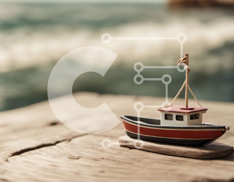 Intra Συλλεκτικό Ξύλινο Παζλ Plywood  4mm - Κόκκινο και άσπρο αλιευτικό σκάφος στην ξύλινη αποβάθρα με τον μπλε ωκεανό Σε Ξύλινο Κουτί - Διαστάσεις: 10x10 cm – 25 κομμάτια