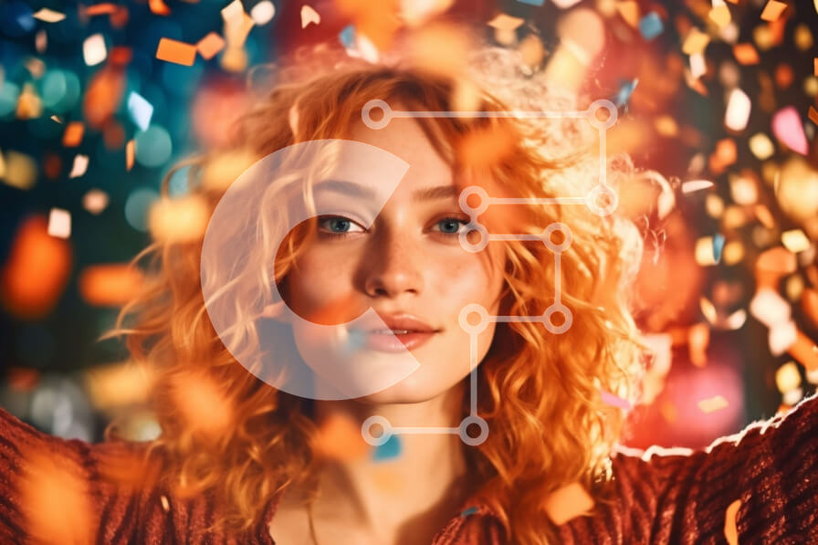 Intra Συλλεκτικό Ξύλινο Παζλ Plywood  4mm - Χαμογελαστή γυναίκα σε πολύχρωμο εορταστικό φόντο με κομφετί Σε Ξύλινο Κουτί - Διαστάσεις Puzzle: 10x10 cm – 25 κομμάτια