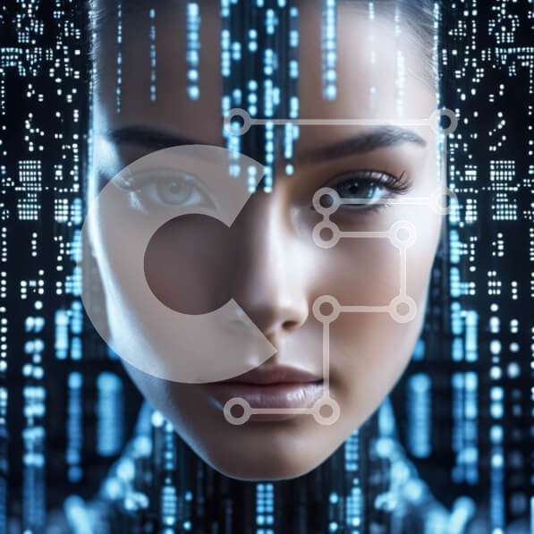 Intra Συλλεκτικό Ξύλινο Παζλ Plywood  4mm - Ψηφιακός κώδικας στο πρόσωπο της γυναίκας - Αντιπροσωπεύοντας το μέλλον της τεχνητής νοημοσύνης και της τεχνολογίας Σε Ξύλινο Κουτί - Διαστάσεις Puzzle: 10x10 cm – 25 κομμάτια