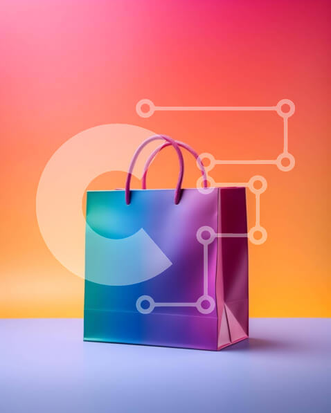 Intra Συλλεκτικό Ξύλινο Παζλ Plywood  4mm - Πολύχρωμη τσάντα αγορών σε πορτοκαλί και μοβ φόντο Σε Ξύλινο Κουτί - Διαστάσεις Puzzle: 10x10 cm – 25 κομμάτια