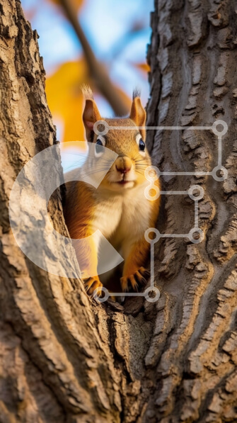 Σετ των 2 Intra Συλλεκτικό Ξύλινο Παζλ Plywood  4mm - Χαριτωμένη εικόνα ενός κόκκινου σκίουρου που κρυφοκοιτάζει πίσω από έναν κορμό δέντρου Σε Ξύλινο Κουτί - Διαστάσεις: 10x10 cm – 25 κομμάτια