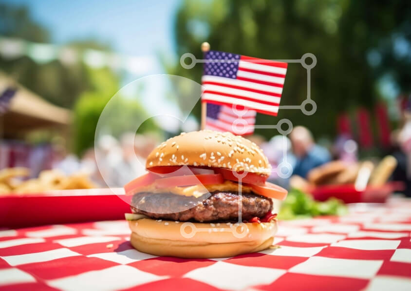 Σετ των 2 Intra Συλλεκτικό Ξύλινο Παζλ Plywood  4mm - Μπέργκερ σε αμερικανική σημαία με άπλωμα φαγητού σε εξωτερικούς χώρους Σε Ξύλινο Κουτί - Διαστάσεις: 10x10 cm – 25 κομμάτια