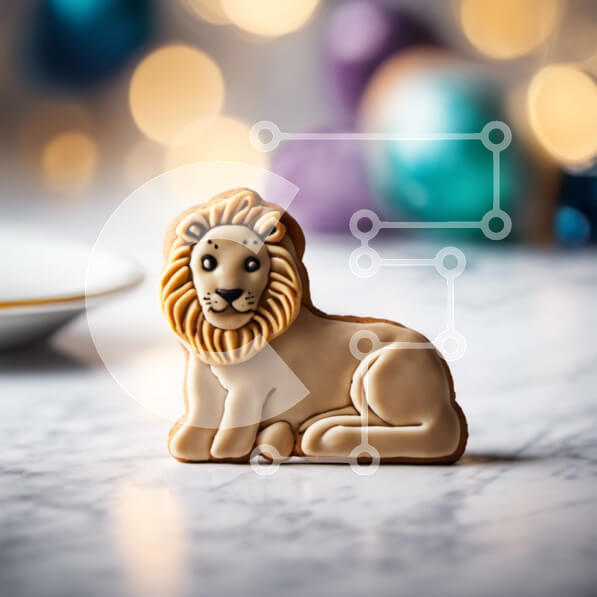 Σετ των 2 Intra Συλλεκτικό Ξύλινο Παζλ Plywood  4mm - Μπισκότο σε σχήμα λιονταριού σε διακοσμημένο μαρμάρινο τραπέζι Σε Ξύλινο Κουτί - Διαστάσεις: 10x10 cm – 25 κομμάτια