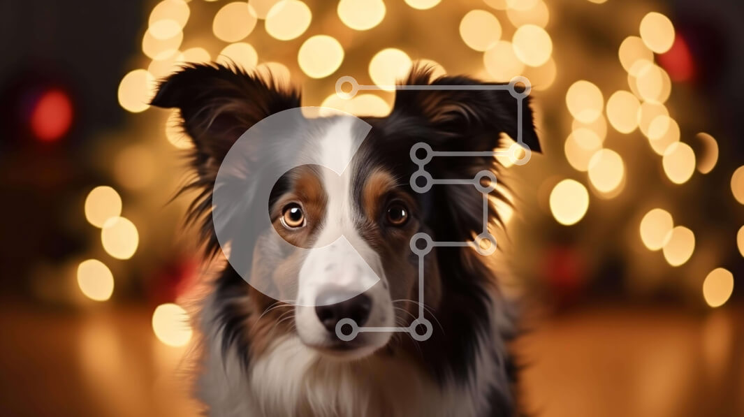 Σετ των 2 Intra Συλλεκτικό Ξύλινο Παζλ Plywood  4mm - Μαύρο και άσπρο σκυλί μπροστά από το φωτισμένο χριστουγεννιάτικο δέντρο Σε Ξύλινο Κουτί - Διαστάσεις: 10x10 cm – 25 κομμάτια