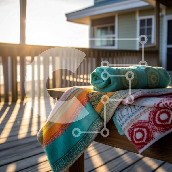 Intra Συλλεκτικό Ξύλινο Παζλ Plywood  4mm - Όμορφη εικόνα μιας πολύχρωμης πετσέτας παραλίας σε έναν ξύλινο πάγκο με θέα στον ωκεανό Σε Ξύλινο Κουτί - Διαστάσεις Puzzle: 10x10 cm – 25 κομμάτια