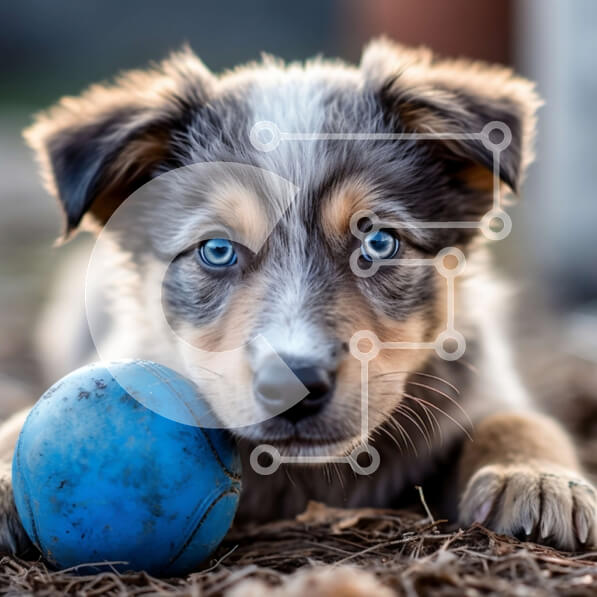 Intra Συλλεκτικό Ξύλινο Παζλ Plywood  4mm - Χαριτωμένη εικόνα ενός κουταβιού με μπλε μάτια με μια μπλε μπάλα Σε Ξύλινο Κουτί - Διαστάσεις: 10x10 cm – 25 κομμάτια