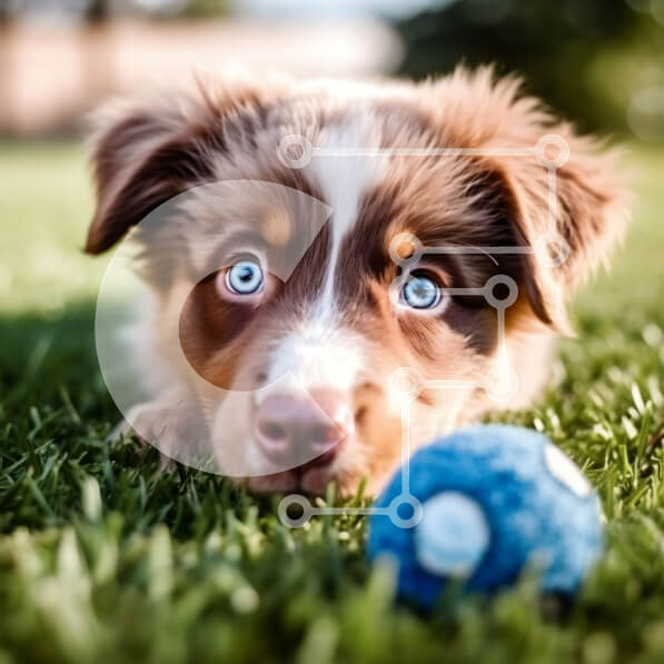 Intra Συλλεκτικό Ξύλινο Παζλ Plywood  4mm - Αξιολάτρευτη εικόνα ενός καφέ και λευκού σκύλου με μπλε μάτια στο γρασίδι Σε Ξύλινο Κουτί - Διαστάσεις: 10x10 cm – 25 κομμάτια