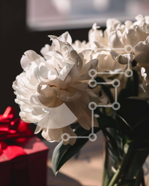 Intra Συλλεκτικό Ξύλινο Παζλ Plywood  4mm - Λευκά λουλούδια σε γυάλινο βάζο δίπλα σε κόκκινο κουτί δώρου Σε Ξύλινο Κουτί - Διαστάσεις Puzzle: 10x10 cm – 25 κομμάτια