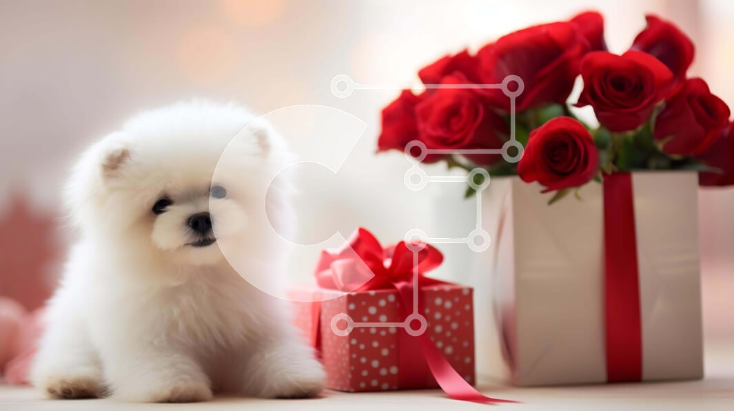 Intra Συλλεκτικό Ξύλινο Παζλ Plywood  4mm - Αξιολάτρευτο λευκό σκυλί με κόκκινα τριαντάφυλλα και κουτί δώρου Σε Ξύλινο Κουτί - Διαστάσεις: 10x10 cm – 25 κομμάτια