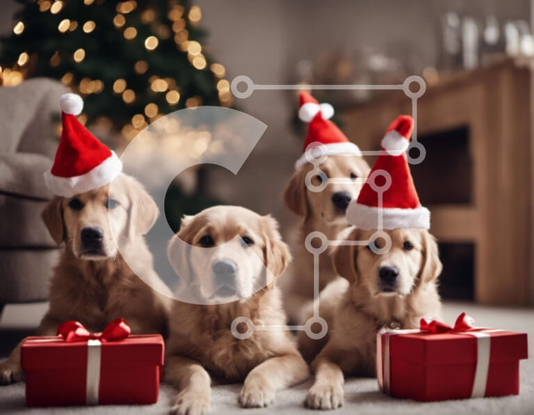 Σετ των 2 Intra Συλλεκτικό Ξύλινο Παζλ Plywood  4mm - Χρυσά σκυλιά Λαμπραντόρ με καπέλα Άγιου Βασίλη και κουτιά δώρων Σε Ξύλινο Κουτί - Διαστάσεις: 10x10 cm – 25 κομμάτια