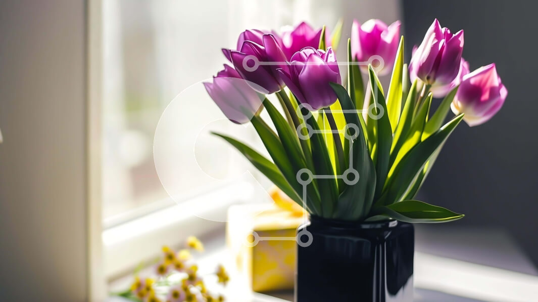 Intra Συλλεκτικό Ξύλινο Παζλ Plywood  4mm - Μωβ τουλίπες σε μαύρο βάζο με κουτί δώρου Σε Ξύλινο Κουτί - Διαστάσεις: 10x10 cm – 25 κομμάτια